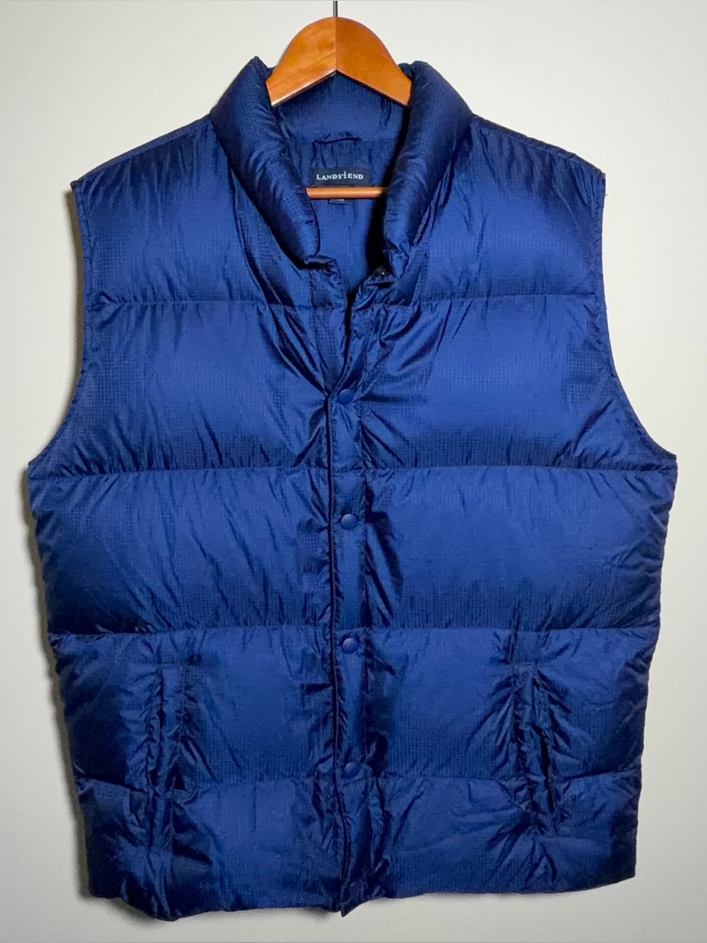 Lands’ End Women XL 18-20 Blue Goose Down Puffer Vest Snap Front Vintage